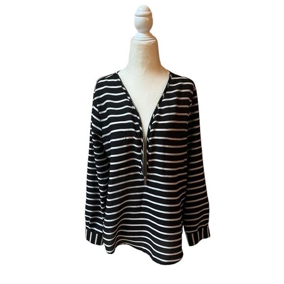 Calvin Klein Black & White Striped Zippered Blouse - Picture 4 of 16